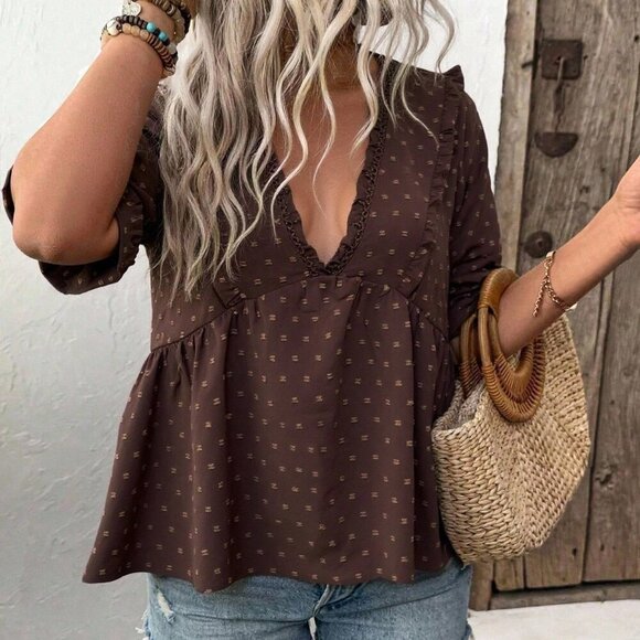 Coffee Brown Cute Women's Cutout V-Neck Puff Sleeve Blouse - Picture 5 of 6